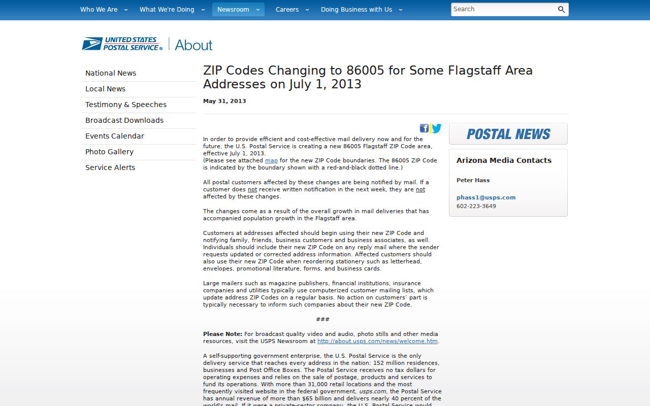 Flagstaff ZIP code directory USPS notice creating 86005